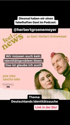 Sascha Lobo Instagram - Herbert Grönemeyer ist diese Woche zu Gast bei „Feel the News“ - und das Thema ist die ständige Identitätssuche Deutschlands.

Es ist ein, glaube ich, sehr umfassendes, spannendes, aber auch liebevolles Gespräch geworden, das @julewasabi und ich mit @herbertgroenemeyer geführt haben. Herbert beschäftigt sich mit dem Thema buchstäblich seit Jahrzehnten, und wir hätten zu jedem praktisch jedem Gesprächsabschnitt einen passenden Grönemeyer-Song einspielen können. 

Wir haben gesprochen über Nationalgerichte, Scham und Schuld, Ost und West, Goethe und Schiller und Hölderlin, Willkommenskultur und Rassismus, Antisemitismus, Integration und Migration, Dichter*innen und Denker*innen, Leichtigkeit und fehlende Leichtigkeit und darüber, was in Zukunft vielleicht mit „deutsch“ gemeint sein könnte.

Hört es Euch an - überall, wo es Podcasts gibt. 
#groenemeyer #deutschland #feelthenews #identität