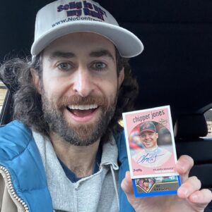 Scott Rogowsky Instagram - WHO’S GOT THE HOTTEST HANDS IN THE HOBBY???? 🙋‍♂️ Had a ball rippin Bowman Draft on release day / #BradyDay with the @filthbombbreaks boys at their world-class headquarters in Strong Island. Sat in for a guest spot on their epic 100 case break and may or may not have hit the card of the day, 1/1 printing plate auto of studly @maxxclarkk 💅 Then cracked a box of my personal favorite @topps Archives and hit a Chipper auto /50 in the very first pack 🔥 Can’t go wrong with these Filthy guys! #thehobby