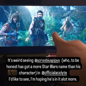 Scroobius Pip Instagram - Rocked up in a galaxy far far away today.
The internet remains undefeated.
Thanks for all the love.
I’ve seen (and likely shared) every single post in absolute overwhelming excitement.
I will likely continue to do so.
Watch @officialacolyte on @disneyplus / @disneyplusuk
Shout out @starwars @starwarsuk and biggest shout to my fellow scavenger @baki_the_hunter 
#DisneyPlusUK #TheAcolyte #leslyeheadland #starwars