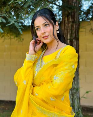 Shehnaaz Kaur Gill Instagram - Sunshine in a yellow dress.☀️☀️ 

Outfit:- @kalighataindia 
Jewllery - @rebaarifashionjewellery
@stylingbyvictor @sohail__mughal___