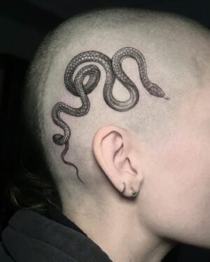 Skylar Grey Instagram - That fresh ink tho 🤌🏻 
By @brightbones 

#snaketattoo #serpenttattoo #headtat #skulltat #headtattoo #skulltattoo #femaleheadtattoo #femalebuzzcut #baldgirl #rattail #mowhawk