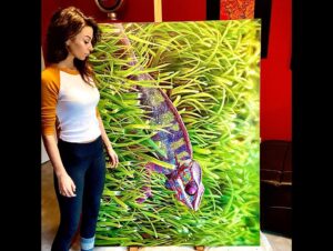 Skylar Lear Instagram - The latest masterpiece by the talented @kashbys . After my brother’s Chameleon Chamy passed away, I asked her to create this massive piece as a remembrance. In the second photo you get a relative idea of the sheer size of it. She worked diligently and provided a beautiful painting that he was more than joyful about.  If you are looking for a beautiful detailed portrait of your pet, feel free to message her or me. Support your local artist 🙌🏼💯 @benjamminworth @tracydlear 
#art #artistsoninstagram #artist #artwork #artoftheday #artofinstagram #artlovers #talent #chameleon #chameleonsofinstagram #painting