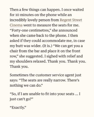 Sofie Hagen Instagram - LINK IN HIGHLIGHTS ⬆️

I would love to hear from you, if you’ve had any success in asking your local venues for better Fat Accessibility.

Thank you to @standcomedyclub, @phoenixartsclub and @monkey.barrel.comedy (all mentioned in the article) but also ALL the venues on my latest tour AND @sohotheatre and @billmurraypub. And @thepleasance. (I also know that @assemblyfest and @underbellyedinburgh are working on it!)

The dream is for @dmtwestend and @lwtheatres would help out with London’s biggest theatres. 

I will put the link in my highlights so it’s always there. You can always grab it and send it to your venue of choice.