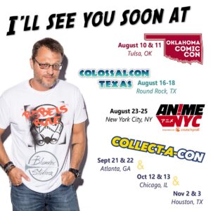 Steve Blum Instagram - The remaining conventions I’ll be at this year include:
@oklahomacomiccon in Tulsa, OK
@colossalcon Texas in Round Rock, TX
@animenyc in New York, NY
@collect_a_con in Atlanta, Chicago, and Houston

I’m looking forward to meeting you! See You Space Cowboy...