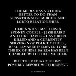 Tarang Chawla Instagram - MEDIA, IT'S TIME FOR THE ERA WHERE YOU REPORT RESPONSIBLY. WE HAVE HAD ENOUGH OF YOUR BULLSHIT. REST IN PEACE AND POWER, JESSE BAIRD AND LUKE DAVIES. 

#LGBTQ #JESSEBAIRD #LUKEDAVIES