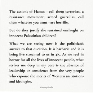 Tarang Chawla Instagram - ALL EYES ON RAFAH

Comments switched off by me. Here’s why👇🏽 

I don’t like turning off the comments on posts, but some people have made threats against others online and I take that very seriously so I have turned off comments. 

I will probably post some resources about how to have a constructive conversation or something, I don’t know, but I’m not going to allow threats against others here. Disagree, but this isn’t the place for violence. 

Sorry. If you want to say something, please feel free to DM me.