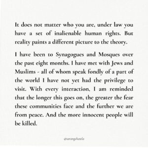 Tarang Chawla Instagram - ALL EYES ON RAFAH

Comments switched off by me. Here’s why👇🏽 

I don’t like turning off the comments on posts, but some people have made threats against others online and I take that very seriously so I have turned off comments. 

I will probably post some resources about how to have a constructive conversation or something, I don’t know, but I’m not going to allow threats against others here. Disagree, but this isn’t the place for violence. 

Sorry. If you want to say something, please feel free to DM me.