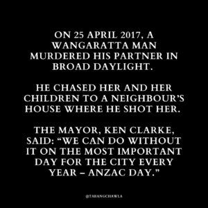 Tarang Chawla Instagram - LEST WE FORGET

Why does Australia have so much trouble recognising the lives of women we lose every few days to men’s violence?

Where is their Shrine of Remembrance?

Where are their bronze statues?

Where are their Medals of Honour?