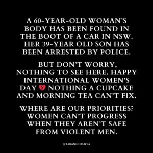 Tarang Chawla Instagram - HAPPY INTERNATIONAL WOMEN'S DAY 💔

INFLUENCERS (OR ANYONE, REALLY), PLEASE SHARE THE SHIT OUT OF THIS POST. IT'S JUST ONE SLIDE. BUT IT SHOWS WHY SO MANY ARE FED UP WITH #IWD AND HOW THE PLIGHT OF WOMEN IS THAT THEY CAN BE ALLEGEDLY MURDERED BY THEIR OWN SONS, PARTNERS, STRANGERS, ANYONE - BUT MOSTLY MEN. AND SO LITTLE CHANGES, BUT HEY, LET'S "CELEBRATE ALL THE INSPIRING WOMEN IN OUR LIFE" FOR ONE DAY AND THEN RETURN BACK TO THE SAME OLD REGULAR PROGRAMMING OF FEAR AND CONTROL.
