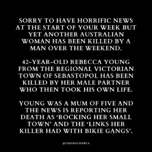 Tarang Chawla Instagram - CN: Violence against women.

THE PROBLEM ISN'T WHETHER WOMEN LEAVE OR STAY. THE PROBLEM IS MEN WHO TREAT WOMEN LIKE CHATTELS.

I'M SORRY, REBECCA. RIP.

#NotOneMoreNiki

Image descriptions in Alt Text.