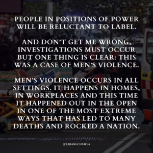 Tarang Chawla Instagram - THOUGHTS AND PRAYERS JUST WON'T CUT IT. TIME TO TAKE A STAND AND SAVE OUR FUTURE 💔⁣
⁣
One man. Killed.⁣
⁣
Five women. Killed.⁣
⁣
And many more in hospital - including a baby, whose mum was one of those killed.⁣
⁣
All of this because of one man's horrific violent actions at Bondi Junction in Sydney on Saturday.⁣
⁣
How we frame such actions, what we say next matters.⁣
⁣
People in positions of power will be reluctant to label.⁣
⁣
And don't get me wrong, investigations must occur but one thing is clear: This was a case of men's violence.⁣
⁣
Men's violence occurs in all settings. It happens in homes, in workplaces and this time it happened out in the open in one of the most extreme ways that has led to many deaths and rocked a nation.⁣
⁣
There will be reluctance to attribute an ideology to this man's actions because he does not fit a "terrorist stereotype" fuelled by his twisted religious ideology.⁣
⁣
But his ideology was clear: A hatred of women.⁣
⁣
Deep-seated misogyny is an ideology. And it's past time that we recognised that some men hold it and act on it, causing such devastation.⁣
⁣
And the question on my lips, on the lips of so many who have been impacted by men's violence is, "How many more?"⁣
⁣
How many more have to die from men's violence before decisive action is taken by Australia's policymakers?⁣
⁣
How many more communities have to be shattered and families torn apart before men's violence is taken seriously and acted upon?⁣
⁣
Maybe now, policymakers will recognise the true human cost of men's violence and decide to act?⁣
⁣
Maybe now, they will offer more than "thoughts and prayers" ... maybe.⁣
⁣
Addressing men's violence is an urgent and immediate priority. Thoughts and prayers just won't cut it.⁣
