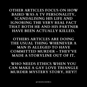 Tarang Chawla Instagram - MEDIA, IT'S TIME FOR THE ERA WHERE YOU REPORT RESPONSIBLY. WE HAVE HAD ENOUGH OF YOUR BULLSHIT. REST IN PEACE AND POWER, JESSE BAIRD AND LUKE DAVIES. 

#LGBTQ #JESSEBAIRD #LUKEDAVIES