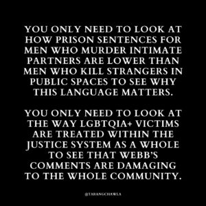 Tarang Chawla Instagram - "CRIME OF PASSION"

CAN SOMEONE PLEASE CHECK ON KAREN AND MAKE SURE SHE DID HER MANDATORY DV TRAINING? 

MURDERING EX-PARTNERS IS NOT A 'CRIME OF PASSION'. IT'S ENTITLEMENT, POWER AND CONTROL. NOT LOVE.