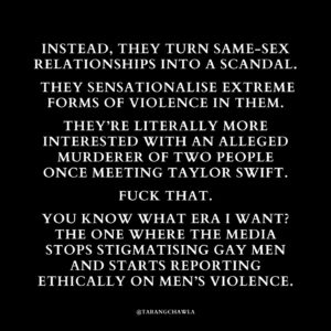 Tarang Chawla Instagram - MEDIA, IT'S TIME FOR THE ERA WHERE YOU REPORT RESPONSIBLY. WE HAVE HAD ENOUGH OF YOUR BULLSHIT. REST IN PEACE AND POWER, JESSE BAIRD AND LUKE DAVIES. 

#LGBTQ #JESSEBAIRD #LUKEDAVIES