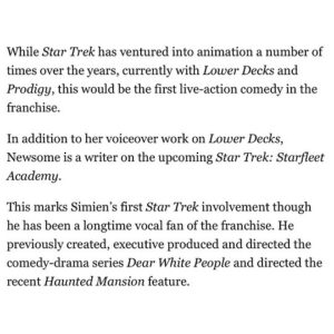 Tawny Newsome Instagram - Shit is crazy. I love @justin_simien and I’m so excited to make more Trek. 

Also there’s no non-insane way to be like “also hey my Dad died and this grief shit is wild.” But I did wear his watch on stage at Hall H when we announced the show and that felt nice. He really loved Star Trek. He told me recently Discovery had surged ahead as his favorite series, which I found to be rude but honest. 

Also Lower Decks has been the joy of my life and I’m so grateful to Mike McMahan for inviting me into this world. Excited to do more with friends new and old.
