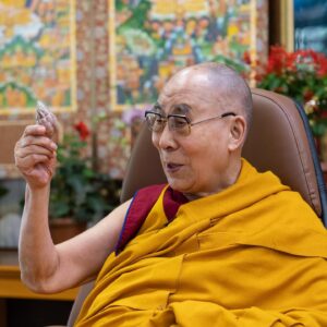 Tenzin Gyatso Instagram - HHDL holds up for all to see the conch shell he retrieved from the vicinity of a cave in Central India in which Nagarjuna is said to have meditated during the first day of his virtual teaching from his residence in Dharamsala, HP, India on October 2, 2020. Photo by Ven Tenzin Jamphel #dalailama