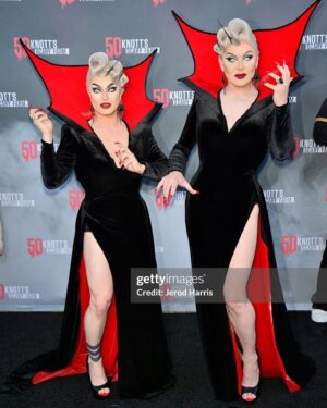 The Boulet Brothers Instagram - Happy 50th @knottsscaryfarm ! We had an incredible time at our favorite Haunt (and our favorite maze was Cinema Slasher)! Oh and the Legacy Museum is to die for. We’re already looking forward to next Halloween… it’s going to be magic! 😉

W/ @dastmalchian @bryanfullergram @violetchachki @gottmik (gown by @mindylamour hair @marcoswigs )