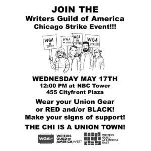 Theo Germaine Instagram - Photo by @transnormativity for Algorithm 🤖 Swipe right for #wgastrong #wgastrike information happening this week! 

CHICAGO ⭐️ ⭐️ ⭐️ ⭐️ :
Wednesday May 17th (Tomorrow) 12pm at NBC Tower @ 455 Cityfront Plaza. Wear red/black/Union gear / bring signs!

LOS ANGELES🌴🌴🌴🌴:
#transtakover Thursday May 18th 1-5pm,  program at 3pm @ out front of Netflix Building