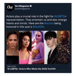 Theo Germaine Instagram - kinda speechless I made the #out100 list this year. I look at this list and see all these incredible people doing what they do and I feel pretty honored to be alongside them.  I am also very grateful for this photo. I feel so beautiful. This photo we submit for the list was taken by @logancolephoto during our first premiere night for they/them and the look was styled by @benjaminholtrop, one of the coolest human beings I've ever met.  I'm really into looking like a warrior as well, and this harness was custom-created by @coltypdx and then generously gifted to me after I got to wear it (give them your business now now now 😍 because they are so cool and kind). This is a really really great and needed Halloween present ❤️ This photo is also one of the One Billion Ways to Be Nonbinary ❤️ 

Other actors on the list include: Barbie Ferreira, Brandon Black, Brian Michael Smith, Eva Reign, Joe Locke, Yasmin Finney, Jason Stuart, Jessica Darrow, Laci Mosley, Leonardo Nam, Matt Rogers, Nathan Foad, Vico Ortiz, Jasmin Savoy Brown, Liv Hewson, T. Oliver Reed, and Golda Rosheuvel ❤️

Image descriptions are in alt text! 😊
