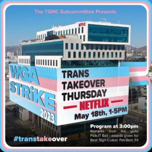 Theo Germaine Instagram - Photo by @transnormativity for Algorithm 🤖 Swipe right for #wgastrong #wgastrike information happening this week! 

CHICAGO ⭐️ ⭐️ ⭐️ ⭐️ :
Wednesday May 17th (Tomorrow) 12pm at NBC Tower @ 455 Cityfront Plaza. Wear red/black/Union gear / bring signs!

LOS ANGELES🌴🌴🌴🌴:
#transtakover Thursday May 18th 1-5pm,  program at 3pm @ out front of Netflix Building