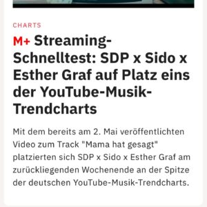 Timur Bartels Instagram - Wir haben das Musikvideo zu „Mama hat gesagt“ für SDP x Esther Graf x Sido produziert! Was für krasse KünstlerInnen, was ein Hit, was ein tolles Team und was für ein krasses Feedback aufs Video! 
Ein paar Eindrücke für euch zum durchswipen 🫶🏼
DANKE an unsere Crew und den Cast!

Artists:
@sdp_die_band  @dag_sdp @vincent.stein 
@shawnstein 
@esthergraf 

Cast:
Esther Graf (jung) - Elsa Gluth
Dag (jung) - @oskar_goldhair 
Vincent (jung) - Dylan Blake Mendoza
Sido (jung) - Jakob Albert

Production/Crew:
Production Company: easy productions @weareeasyproductions 
Konzept: Serge Mattukat, @sdp_die_band , Timur Bartels
Produzent: Timur Bartels
Regie: @serge.mattukat , @timur_bartels 
DOP: Serge Mattukat
Editing: Serge Mattukat, SDP, Timur Bartels
Colour Grading: @bowcouleur_grading_berlin 
Oberbeleuchterin Artist Performance: Alina Albrecht
Oberbeleuchter Cast Performance:  @luishrtmn 
Beleuchter Artist Performance: @leo_saller 
Beleuchterin Cast Performance: @leyla.hoppe 
Szenenbild: @lena.tiffert 
Szenenbild-Assistenz: @ikarlitu , Daria Schira
Graphic & AI Design: @mouval.ig 
Graphic Artist: Daria Schira
Styling: @phyllisjana 
Styling Esther Graf: @esthergraf 
Hair & Make Up Artists: Christina Moissl
Hair & Make Up Cast: Fina Boateng
Fotograf: @patrick_amos 
Behind-The-Scenes & Social Media: Patrick Amos
Produktionsleitung: Timur Bartels
Produktionskoordination: Julia Weiß
Filmgeschäftsführung: Julia Weiß
PA to Timur Bartels: @franziska_madeleine_ 
Setrunners: Julian Müller, Jason Burmeister, Milena Steinbach, Jan Springer
Kinderbetreuerin: @milenastcrx 
Produktionsfahrer: @franziska_madeleine_ , Volker Hohmann
Catering & Setrunner: Alena Schulz, Milena Steinbach
Catering Sido, Esther Graf, SDP: @lianelindholm 

Special Thanks an:
Kant-Gymnasium (Marc Vehlow), @rietz.agentur , @agentur_kokon , @rakaete , @luisavoth
