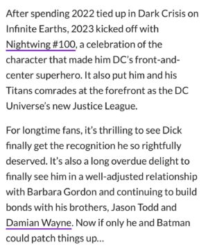Tom Taylor Instagram - Thanks to @dexerto for the Best Comic of 2023 nod.
We’re in great company on this list. 
@bruno_redondo_f @j.berbae @jesschillin_likeavillain @travisgmoore @artworkofstephenbyrne @adrianolucascolor 
#Nightwing #DCComics #Comics #Batgirl #DC