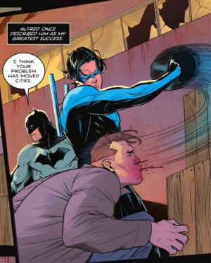 Tom Taylor Instagram - Batman talks about Nightwing and Alfred. 
Nightwing demonstrates helmets aren’t just for safety. 
(from Nightwing #111) 
#Batman #nightwing #dccomics #comics #dc