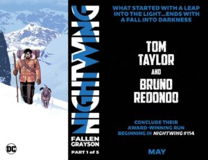 Tom Taylor Instagram - It began with the leap. It ends with the fall. 
@bruno_redondo_f, @adrianolucascolor, Wes Abbott, @j.berbae and my run on Nightwing ends with the 5 part ‘Fallen Grayson’ in May. 
Final order cutoff is the 24th of April. Don’t miss it.
#Nightwing #Batgilt #Bitewing #DCComics #dc #comics