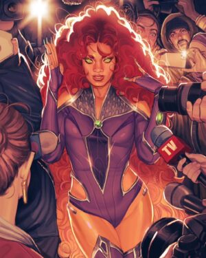 Tom Taylor Instagram - Check out the variant cover to our upcoming Titans #9.
Starfire in her @nicolascottart costume by Joshua Swaby!
#Starfire #Titans #DCComics