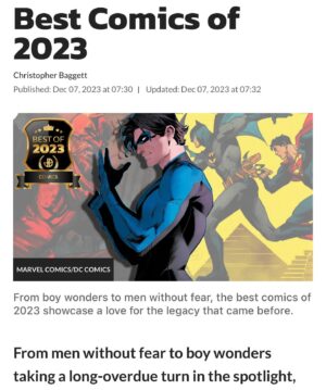 Tom Taylor Instagram - Thanks to @dexerto for the Best Comic of 2023 nod.
We’re in great company on this list. 
@bruno_redondo_f @j.berbae @jesschillin_likeavillain @travisgmoore @artworkofstephenbyrne @adrianolucascolor 
#Nightwing #DCComics #Comics #Batgirl #DC