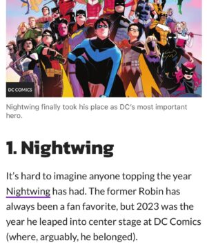 Tom Taylor Instagram - Thanks to @dexerto for the Best Comic of 2023 nod.
We’re in great company on this list. 
@bruno_redondo_f @j.berbae @jesschillin_likeavillain @travisgmoore @artworkofstephenbyrne @adrianolucascolor 
#Nightwing #DCComics #Comics #Batgirl #DC