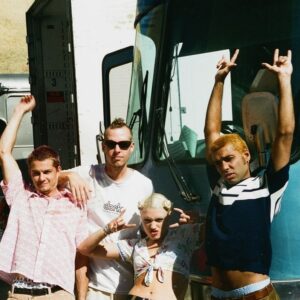 Tony Kanal Instagram - Have always loved this photo. Us outside of our tour bus on the first year of the Vans Warped Tour, September 3rd, 1995 - Concord, California. 

The rocket was taking off. It was an amazing time for our band ⚡️⚡️⚡️

Photo courtesy of Matt Sharkey's 'Thank You’ skate zine. Photographer: David Pilz