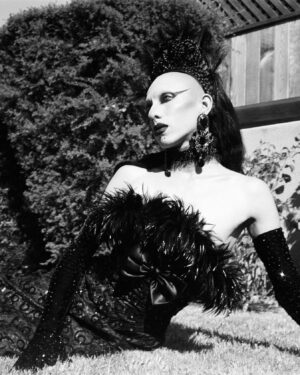 Vander von Odd Instagram - Captured by @frodogaggins on @yashica.official with @kodak Portra 400 black and white film ✨🖤✨ 

Hair, gloves, and choker by me. Earrings are two sets of brooches I stacked together. Dress is vintage Mike Benet with some minor alterations.