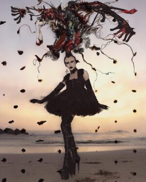 Vander von Odd Instagram - @justin.atkins made me feel so glamorous despite holly hobblin’ through the beach in these shoes 🖤 

Image by @justin.atkins 
Interview by @coeljumber 
Assisted by @steven.restagno 

Dress and headpiece by me 🖤
Eyes/Lips @sugarpill & @danessa_myricks