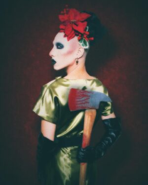 Vander von Odd Instagram - She thought that I was tucked up
in my bedroom fast asleep 🔪🎁

📸 @davidelaffe 

Hair, dress, and image editing by me 
Eyes @inglot_cosmetics 
Lips/Cheeks @sugarpill 
Face @dermablendpro @meltcosmetics 
Axe @newrulefx