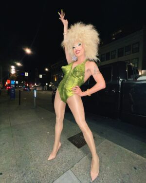 Vivian Vanderpuss Instagram - Oh it’s a very Bette summer. 
💚💚💚
 I am absolutely thrilled about all of the chartreuse floating around. I made this costume many moons ago but never really posted it. Well why not now? It was a marvellous bingo last night! Thanks so much to everyone who came out!
.
.
.
#vivianvanderpuss #ottotitsling #bighair #drag