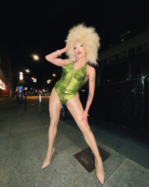 Vivian Vanderpuss Instagram - Oh it’s a very Bette summer. 
💚💚💚
 I am absolutely thrilled about all of the chartreuse floating around. I made this costume many moons ago but never really posted it. Well why not now? It was a marvellous bingo last night! Thanks so much to everyone who came out!
.
.
.
#vivianvanderpuss #ottotitsling #bighair #drag