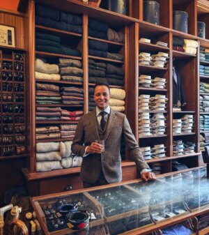 William Kirk Instagram - "Manners maketh the man"... No, I'm not starring in the new Kingsman movie, instead I had the pleasure of spending the day with some lovely friends at @stewartchristie1720. A splendid shop with a hidden drinks cabinet in the dressing room.. I think I've found my new outfit for the next series of The Repair Shop 😎

.
.
.

#tailor #tailoring #edinburgh #mensfashion #kingsman #therepairshop #tweed