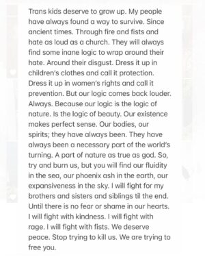 Zoe Terakes Instagram - Trans kids deserve to grow up. My people have always found a way to survive. Since ancient times. Through fire and fists and hate as loud as a church. They will always find some inane logic to wrap around their hate. Around their disgust. Dress it up in children’s clothes and call it protection. Dress it up in women’s rights and call it prevention. But our logic comes back louder. Always. Because our logic is the logic of nature. Is the logic of beauty. Our existence makes perfect sense. Our bodies, our spirits; they have always been. They have always been a necessary part of the world’s turning. A part of nature as true as god. So, try and burn us, but you will find our fluidity in the sea, our phoenix ash in the earth, our expansiveness in the sky. I will fight for my brothers and sisters and siblings til the end. Until there is no fear or shame in our hearts. I will fight with kindness. I will fight with rage. I will fight with fists. We deserve peace. Stop trying to kill us. We are trying to free you.