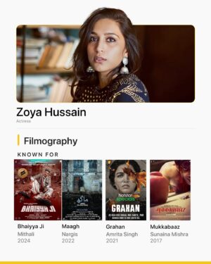 Zoya Hussain Instagram - With her recent performance as Mithali in Bhaiyaa Ji, here’s taking a look at @zyhssn’s titles for which she’s known for on IMDb 🌻🫶🏻

Which one is your favourite?

🎬:
Bhaiyaa Ji | Zee5
Maagh 
Grahan | Disney  Hotstar
Mukkabaaz | JioCinema, Zee5, Prime Video