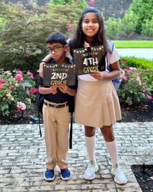 Anila Sajja Instagram - FIRST DAY of school for these two! And someone was super cranky waking up 6 am this morning! ✂️✏️📚#backtoschool #secondandforth #schoollife #firstdayofschool #aryanaandavir #privateschoollife