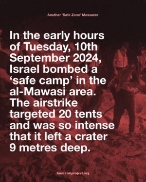 Annie Lennox Instagram - 🚨 ISRAEL TARGETS DISPLACEMENT CAMP, BURYING PEOPLE ALIVE 🚨

In the early hours of Tuesday, 10th September 2024, Israel bombed a ‘safe camp’ in the al-Mawasi area. The airstrike targeted 20 tents and was so intense that it left a crater 9 metres deep.

*Update* Gaza’s health ministry have updated this number to 19, with more missing and presumed dead. The 60  injured remained unchanged.

At least 40* people have been killed, over 60 injured, and others remain missing, buried in the sand. Nearly half of Gaza’s population is now residing in the al-Mawasi area, with many people living in tents, believing this to be a safe zone.

Israel claims it hit a ‘Ham/s Command Centre’ located at the camp.

It should be noted that this is the same excuse Israel has used to bomb every hospital in Gaza, over 160 schools, more than 70% of homes, every university, international aid vehicles, ambulances, bakeries, falafel stands, horse-drawn carts, and even mothers carrying babies.

Even if there were a command centre at the camp, this is a ‘safe zone’—one that Israel instructed Palestinians to move to for safety. It was past midnight, people were asleep, and Israel bombed the area with such force that it ensured no man, woman, or child would wake to see the sunrise. There is no reality where Israel can claim this as self-defence, nor can they justify this as a ‘targeted strike’ on Hamas. This was a calculated act of violence, designed to further punish the civilian population in Gaza.

👉 EMAIL YOUR ELECTED OFFICIAL NOW! USE THE FREE TEMPLATE IN @humantiproject’s bio or visit HumantiProject.org 👈
