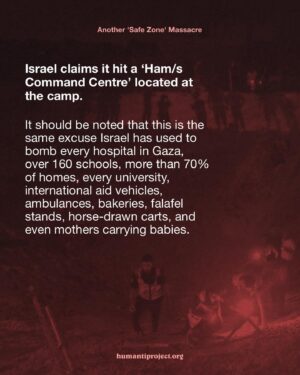 Annie Lennox Instagram - 🚨 ISRAEL TARGETS DISPLACEMENT CAMP, BURYING PEOPLE ALIVE 🚨

In the early hours of Tuesday, 10th September 2024, Israel bombed a ‘safe camp’ in the al-Mawasi area. The airstrike targeted 20 tents and was so intense that it left a crater 9 metres deep.

*Update* Gaza’s health ministry have updated this number to 19, with more missing and presumed dead. The 60  injured remained unchanged.

At least 40* people have been killed, over 60 injured, and others remain missing, buried in the sand. Nearly half of Gaza’s population is now residing in the al-Mawasi area, with many people living in tents, believing this to be a safe zone.

Israel claims it hit a ‘Ham/s Command Centre’ located at the camp.

It should be noted that this is the same excuse Israel has used to bomb every hospital in Gaza, over 160 schools, more than 70% of homes, every university, international aid vehicles, ambulances, bakeries, falafel stands, horse-drawn carts, and even mothers carrying babies.

Even if there were a command centre at the camp, this is a ‘safe zone’—one that Israel instructed Palestinians to move to for safety. It was past midnight, people were asleep, and Israel bombed the area with such force that it ensured no man, woman, or child would wake to see the sunrise. There is no reality where Israel can claim this as self-defence, nor can they justify this as a ‘targeted strike’ on Hamas. This was a calculated act of violence, designed to further punish the civilian population in Gaza.

👉 EMAIL YOUR ELECTED OFFICIAL NOW! USE THE FREE TEMPLATE IN @humantiproject’s bio or visit HumantiProject.org 👈