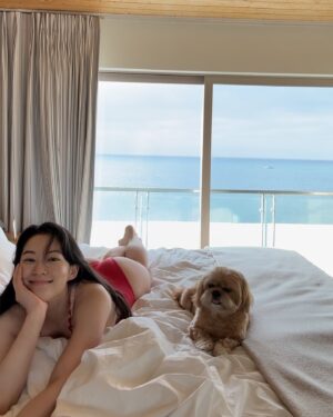 Arden Cho Instagram - Malibu week 🥰 surf, eat, nap, swim, eat, sleep… repeat! We like it here 🐾