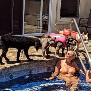 Ashley Hobbs Instagram - Pool Pawty with the Cousins 🩵
.
Today was a GREAT day!
.
#puppiesmakemehappy
#bullybreed
#greatday
#thankful
#family