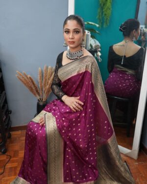 Ashvini Jegathesan Instagram - Wrapped in the rich hues of purple wine, where the drape tells a story of sophistication and style ✨

Talent : @ashviniofficial 
Saree : @aarnasareeboutique 
Accessories : @abi_muhaz & @povenesh_jewellers_palace 
Makeup | Hair | Styling : @ksha.mua 

#singaporemakeupartist#malaysiamakeupartist#sgmakeup#bridalmakeup#kshamakeupstudio#kshamua#bridallengha#bridalaccessories#jbmua#jbmakeupartist#johormua#johormakeupartist