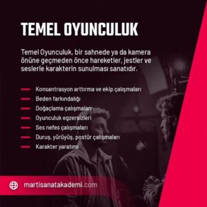 Burcu Cavrar Instagram - Alanında deneyimli eğitmenler eşliğinde "Kamera Önü ve Temel Oyunculuk Eğitimi" Martı Sanat Akademi'de! 📹

🔸 Temel Oyunculuk — Bir sahnede ya da kamera önüne geçmeden önce hareketler, jestler ve seslerle karakterin sunulması sanatıdır.

🔹Kamera Önü Oyunculuk — televizyonlarda yer alan film, dizi, reklam ya da klip gibi alanlardaki oyunculuk biçimidir.

👤 Eğitmenler —
👉 Gamze Bayraktaoğlu (@gmzbyrktgl)
👉 Burcu Cavrar (@cavrarburcu)

👥 Eğitimler 16 yaş ve üzeri katılıma uygundur.

📍 Tüm eğitimler @martisahne'de gerçekleştirilmektedir.

📞 Kayıtlar & Başvuru İçin —
— 0 (552) 833 18 33
— 0 (552) 633 77 33