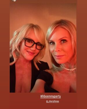 Cheryl Hines Instagram - A night of glamour. Thank you HBO MAX for hosting! ⭐️⭐️⭐️⭐️#emmys #hboemmyparty #afterparty 
Jewels - @coadyculha 
Hair - @charles_dujic 
Make up- @patrickdefontbrune 
Hair Care/color - @kaileystylezz 
Skin Care - @hinesandyoung 
Dress - @zacposen 
Shoes - @jimmychoo 
Bag - @marcjacobs 
Cat's hair - @kaileystylezz 
Cat's dress - @dolcegabbana 
Cat's shoes & bag - @jimmychoo
