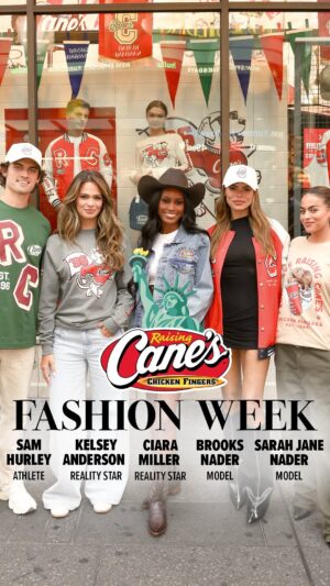 Ciara Miller Instagram - It’s #CanesFashionWeek! @BrooksNader, @SamHurley, @KelseyAnderson, @CiaraMiller___ and @SarahJaneNader turned our restaurant windows into a runway at our Global Flagship in NYC! Shop the new collections on RaisingCanesGear.com