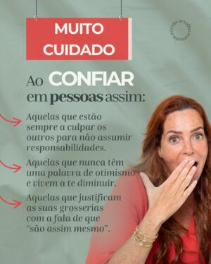 Cris Carvalho Instagram - Você sente FACILIDADE ou DIFICULDADE em confiar nas pessoas? 😏

Com algumas, a confiança flui… Com outras, não é bem assim! 😅

E existem alguns tipos de pessoas que realmente não merecem a sua confiança - e você consegue identificar os sinais! 👀

👉🏻 Hoje, trouxe aqui um post para você refletir:

Existem pessoas com essas características na sua Vida?

Se sim, recomendo que tome um pouco mais de cuidado ao confiar nelas, afinal, os indícios de alguém que te puxa para baixo são fortes! 👎🏻

Eu, pelo menos, sempre me atento a esses sinais!

E para você?? Alguma dessas características da imagem é um decisor para a sua CONFIANÇA? Qual? 🥰
.
.
.
.
.
.
#mentesaudavel #pnlpractioner #confianca #confiar #mentalidadedecrescimento #autocuidado